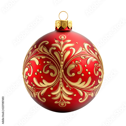 Shiny red holiday ball ornament with symmetrical gold baroque swirl pattern.