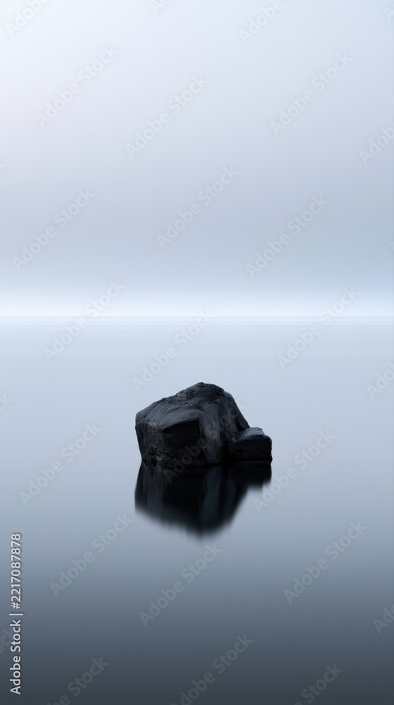 Fototapeta premium A solitary dark rock reflecting peacefully on the smooth, misty water surface under a soft gradient sky in a minimalist and tranquil natural setting