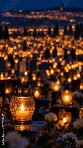 Glowing grave lanterns across cemetery at night for All Saints Day