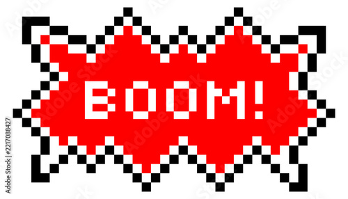 A red pixelated explosion with the word BOOM written in white