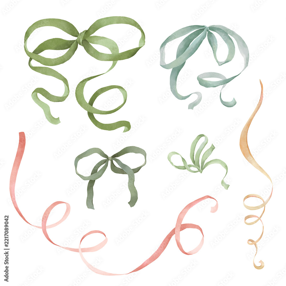 Fototapeta premium Watercolor set of delicate bows and curl ribbons, nostalgic collection with isolated accessories for your holiday design Christmas cards, invitation or greeting card, poster or print, hand-drawn image