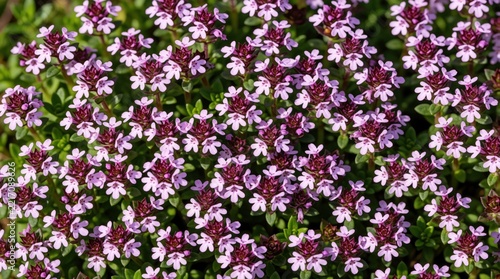 Close up of blooming purple thyme flowers. Tiny pink blossoms grow in dense green carpet across garden bed. Wild Thymus serpyllum herb creates fragrant floral background. Natural medicinal plant