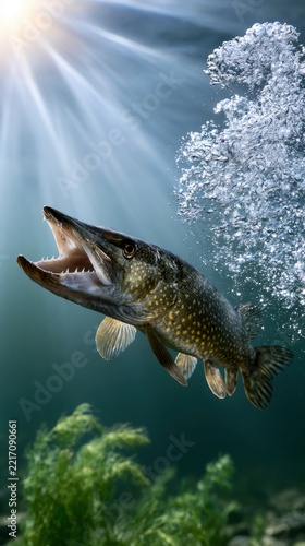 Freshwater pike swimming upward underwater with bubbles and sunrays filtering through clear water highlighting aquatic plants in the background