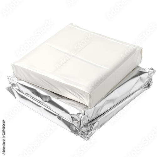 Two stacked rectangular chocolate bars wrapped in metallic foil and plastic film for confectionery product packaging mockups.