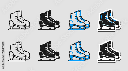 Pair of Ice Skates Icons in Outline, Solid, Colored, and Sticker Styles for Winter Sports