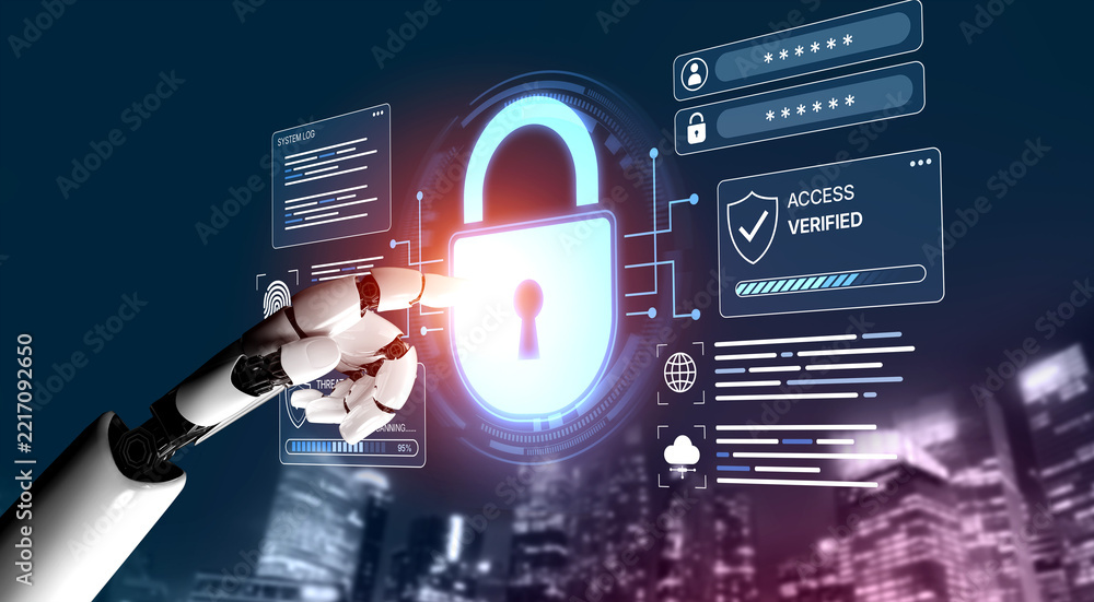 Fototapeta premium A modern robot hand approaches a glowing digital lock, symbolizing security and the integration of artificial intelligence in technology. Perfect for concepts in cybersecurity. Nascent