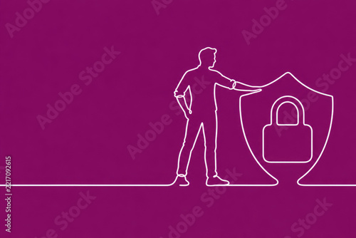Man stands beside a shield with padlock. Space for text.