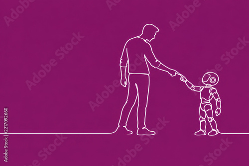 Man and robot touch fingertips in continuous white line art. Space for text.