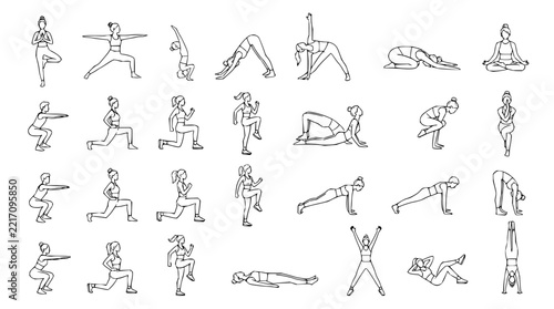 Large collection of fitness and yoga exercises including squats and lunges in a minimalist line art style for health and vitality concepts