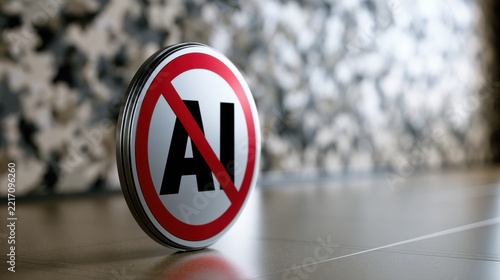 Metal disk standing on a tile floor displaying a prohibition symbol against artificial intelligence with a blurred patterned background and reflective surface
