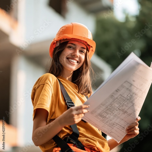 Smiling young female construction worker in safety helmet holding architectural plans and enjoying outdoor work at building site with blurred background