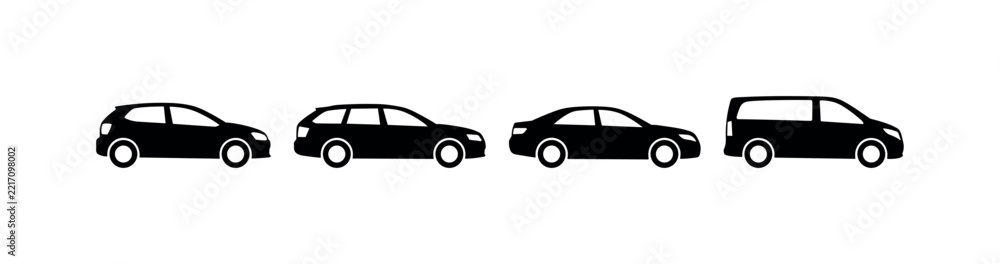 Obraz premium Set of black vehicle silhouettes showing various car body styles isolated on a white background