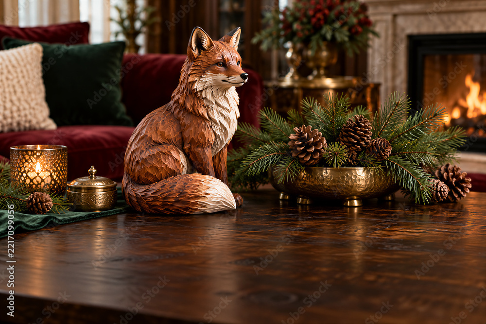 Fototapeta premium Carved wooden fox figurine on dark wood table beside pine branches and pinecones, cozy fireplace background, warm seasonal decor. Holiday decoration, winter interior, rustic lifestyle.