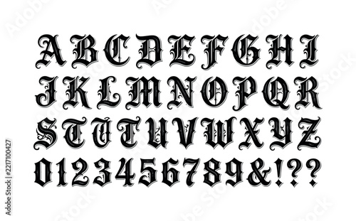 Complete gothic alphabet set with numbers and punctuation in a decorative black letter style