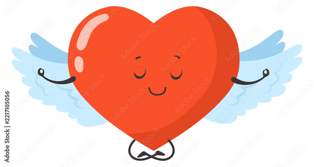 Fototapeta premium Angel heart mascot. Cute zen character with white wings
