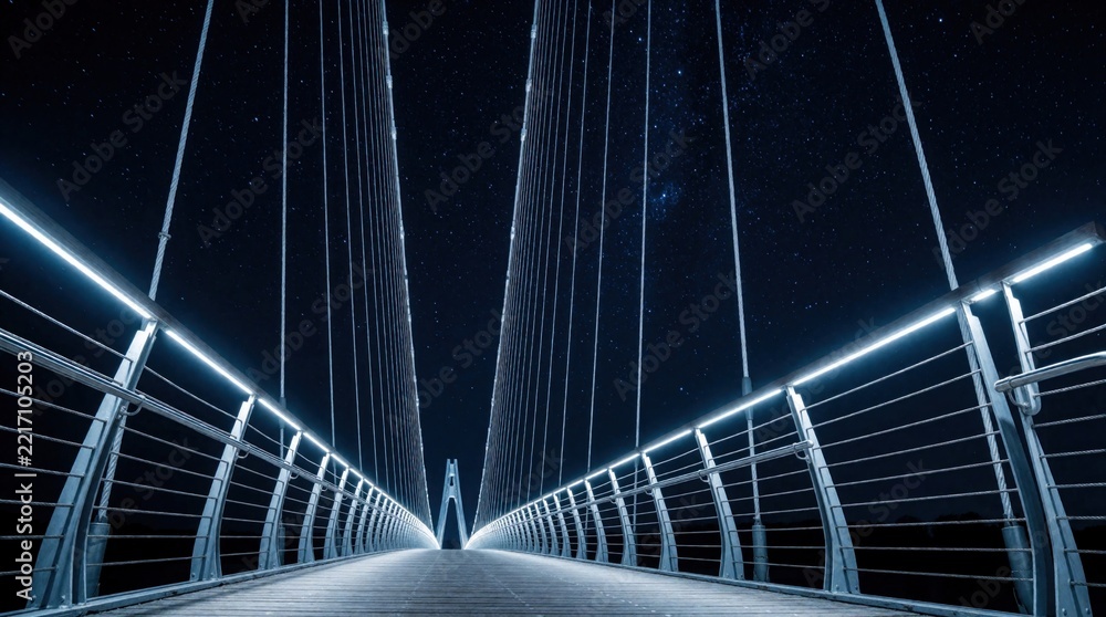 Fototapeta premium Modern steel cable suspension bridge glows with white LED lights under dark starry night sky. Symmetrical architectural structure features bright illumination across pedestrian walkway. Futuristic