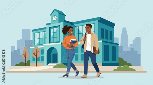 Two diverse students walking together in front of a modern school building on a sunny day