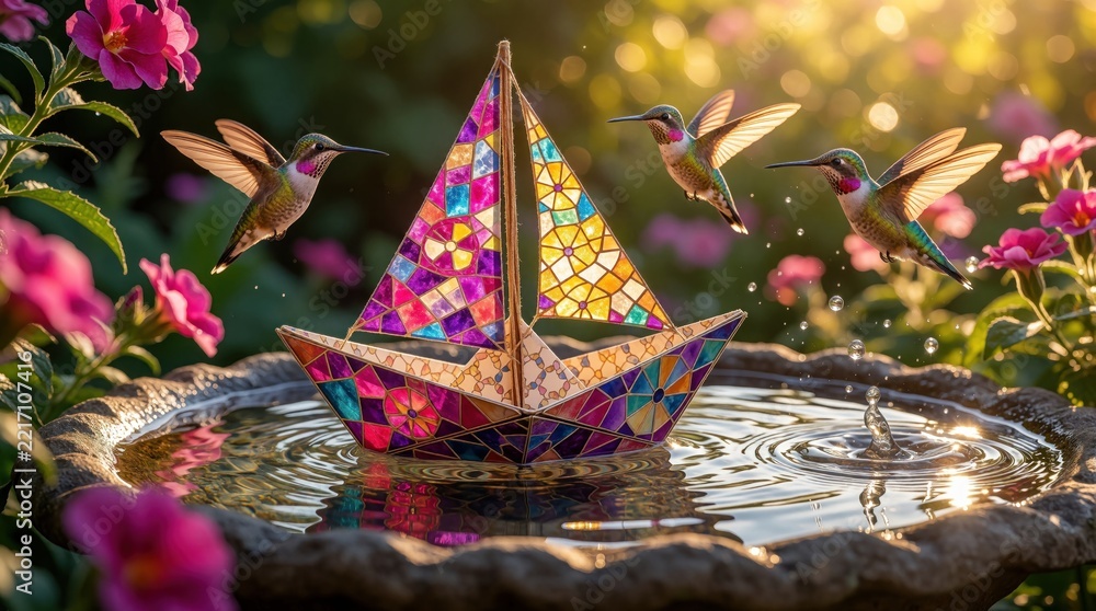 Fototapeta premium Colorful mosaic paper boat floats on water in garden bird bath. Two small hummingbirds fly around handmade sailboat near pink flowers. Sunny summer day scene with water ripples, bright bokeh