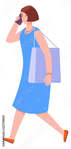 Woman talking on phone. Walking person summer outdoor