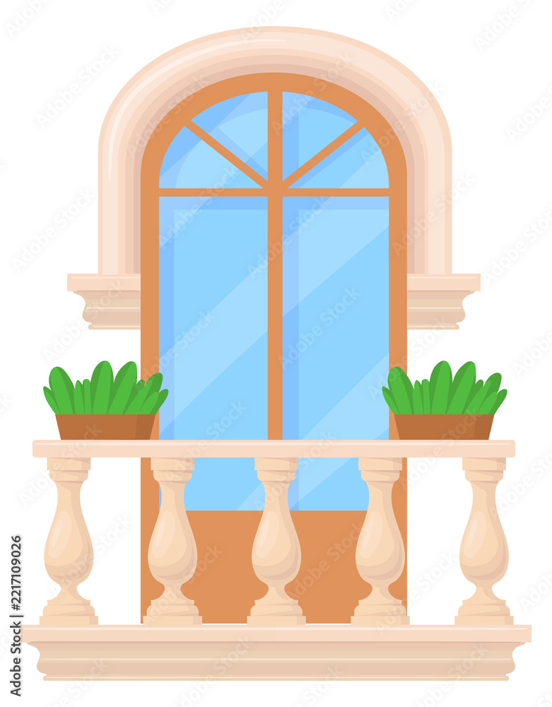 Fototapeta premium Vintage balcony with stone balustrade. Building front view