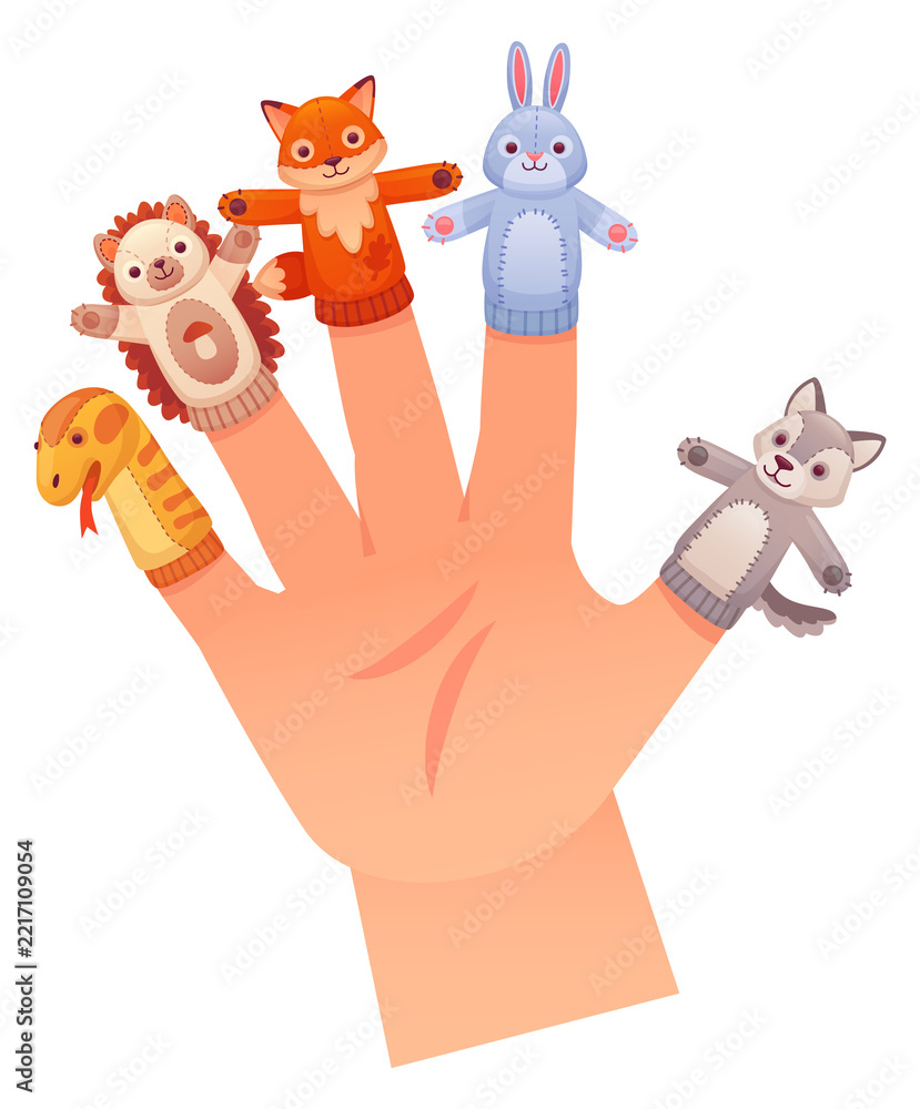 Fototapeta premium Finger puppet toys on human hand. Cartoon animals