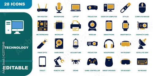 Technology vector icons set featuring twenty eight digital devices hardware computer components mobile gadgets internet tools multimedia hardware networking equipment and smart electronics silhouettes