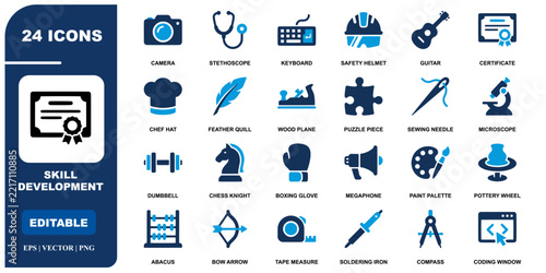 Comprehensive collection of twenty four blue and dark skill development icons featuring various professional tools educational symbols creative instruments and technical equipment 
