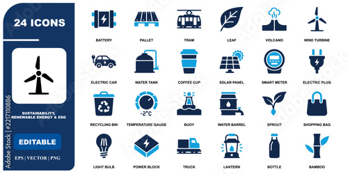 Sustainability and renewable energy icons set featuring battery pallet tram leaf volcano wind turbine electric car water tank coffee cup solar panel smart meter electric plug recycling bin temperature