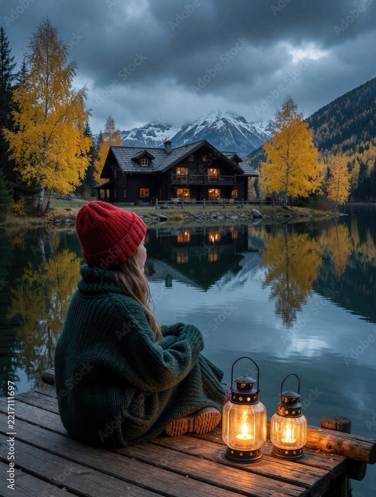 Fototapeta premium Young woman sits on wooden pier by calm lake at dusk. Cozy knitted sweater, red beanie hat worn by girl. Warm lanterns glow near. wooden cabin reflects in water with snow mountains, autumn trees