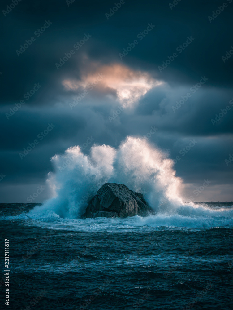 Fototapeta premium Majestic ocean waves crashing powerfully against a solitary rock under dramatic moody skies during a stormy seascape at dusk