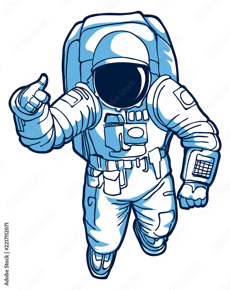Fototapeta premium Astronaut floating drawing. Thumbs up cosmonaut gesture