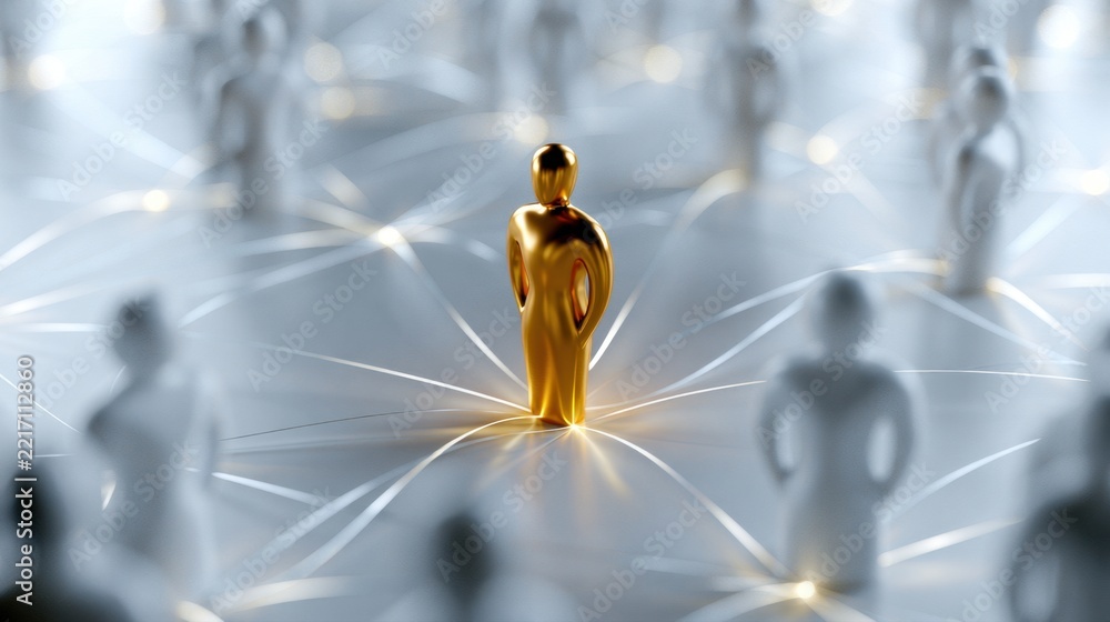 © Daria - Shining golden figure standing out in a network of connected silver figures symbolizing leadership, influence, and social connection in a modern digital world