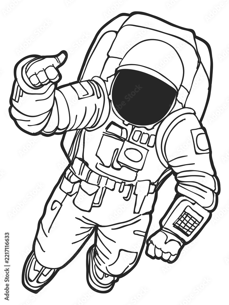 Fototapeta premium Spaceman show thumbs up gesture. Space mascot line drawing