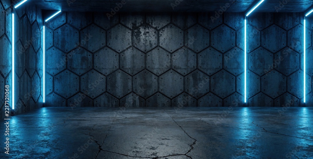 Fototapeta premium Futuristic empty garage with hexagonal concrete walls, neon blue light stripes. Dark hangar interior features industrial cement floor, sci-fi tunnel design. Modern 3D render backdrop for product