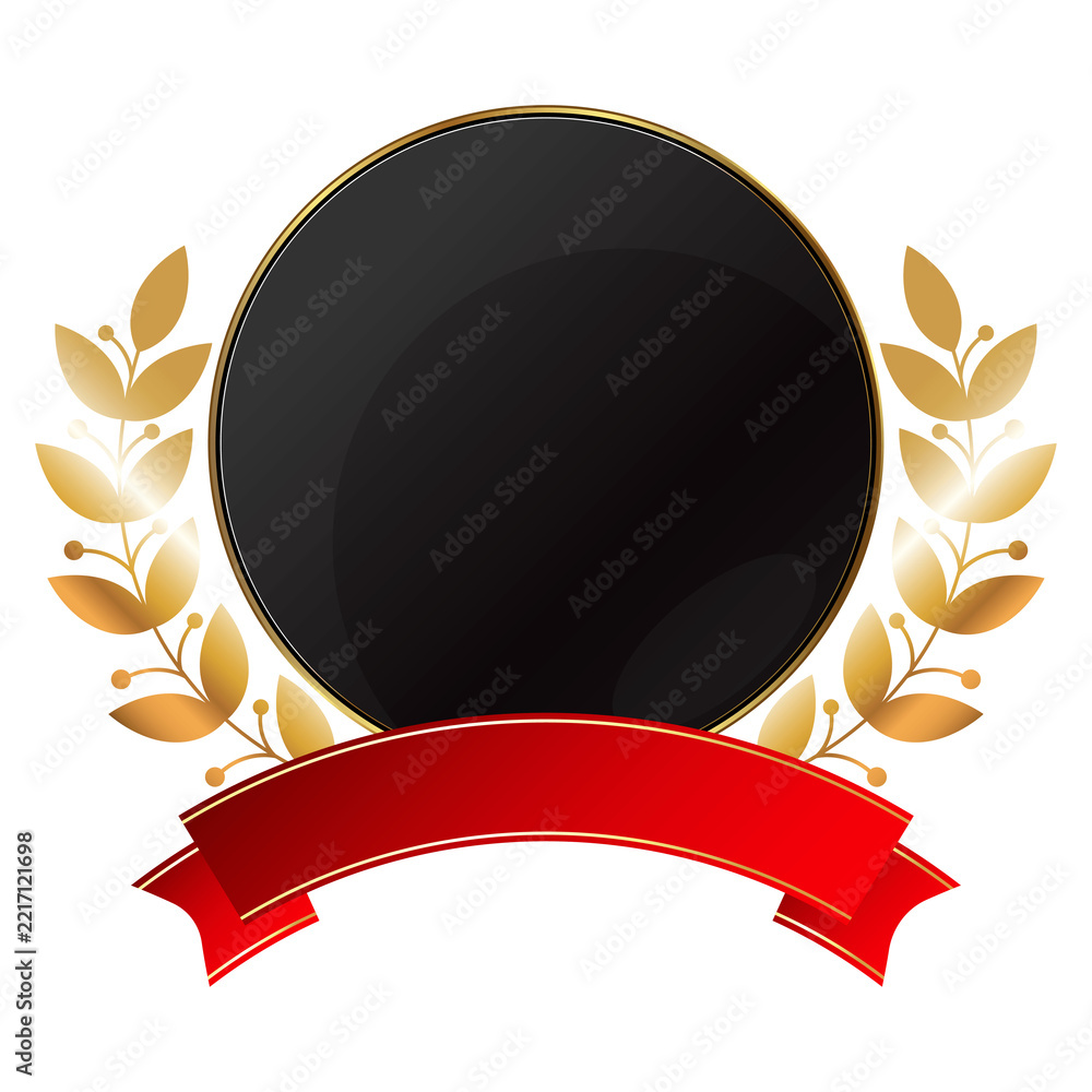Fototapeta premium Coat of arms with a black circle, golden laurel branches and a red ribbon