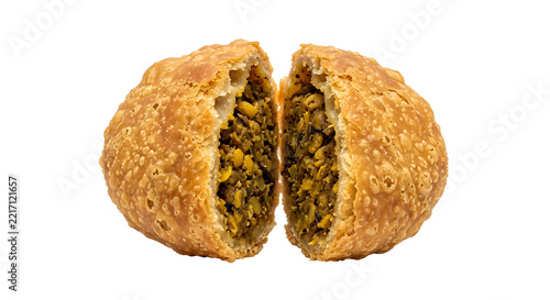 Moong dal kachori with puffed round Isolated on White Background