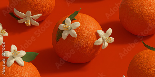Close-up shot of several whole oranges, each adorned with delicate white blossoms and green leaves, set against a vibrant orange backdrop