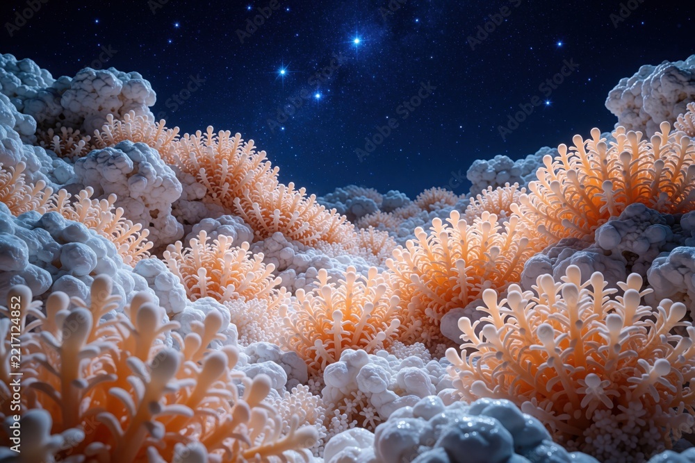 Fototapeta premium Surreal dreamlike landscape with pale orange plants, bumpy white rocks under starry night sky. Fantasy flora grows among stone formations in deep space. Celestial scenery with cosmos background