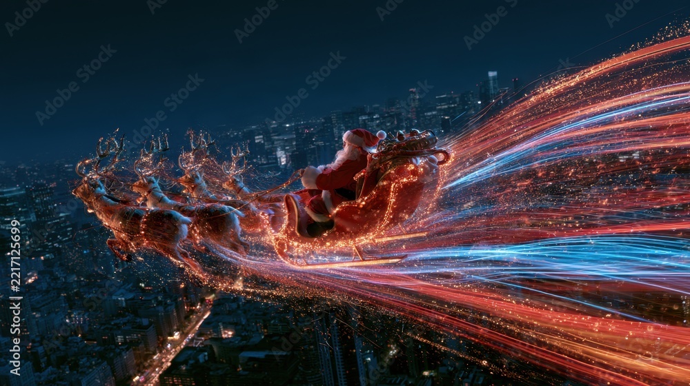 Fototapeta premium Santa Claus flying his glowing sleigh with reindeer over a city skyline at Christmas night delivering gifts