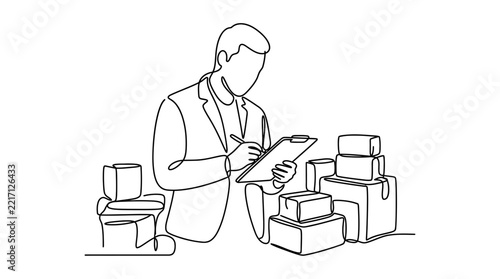 Minimalist continuous line art of a person inspecting cardboard boxes