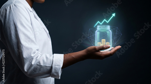 Side profile of a person in a white shirt holding a glass jar with stacked gold coins and a glowing blue digital growth arrow icon against a dark background