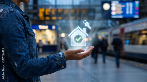 Side profile of a person in a denim jacket holding a glowing holographic house icon with a checkmark and key symbol in a train station