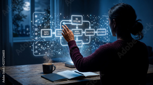 Silhouetted woman interacting with a glowing blue holographic machine learning pipeline flowchart, projected above a wooden desk at night