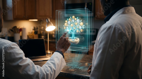 Two people in white coats interacting with a glowing holographic projection of a money tree growing from a nest egg, displayed on a transparent digital screen in a dimly lit kitchen