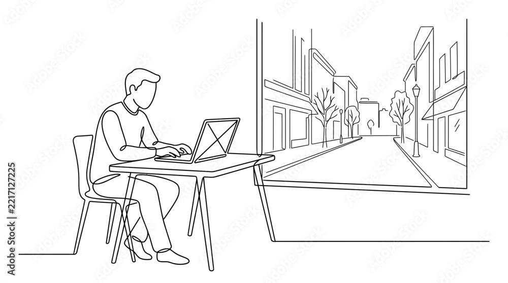 Fototapeta premium One line drawing of man sitting at desk using laptop
