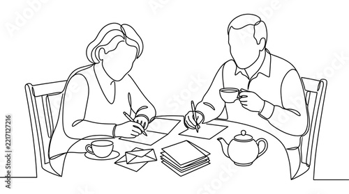 Older couple writing letters together in continuous line art style