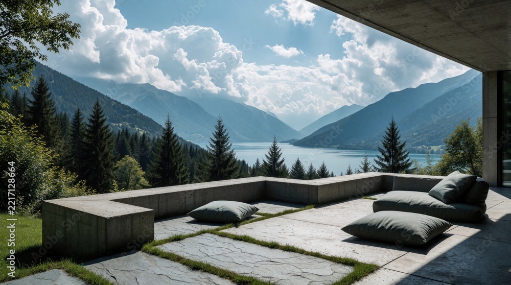 Fototapeta premium Modern concrete terrace with comfortable cushions offers stunning mountain lake views. Minimalist outdoor seating overlooks blue water, pine forest. Peaceful landscape with high peaks, white clouds