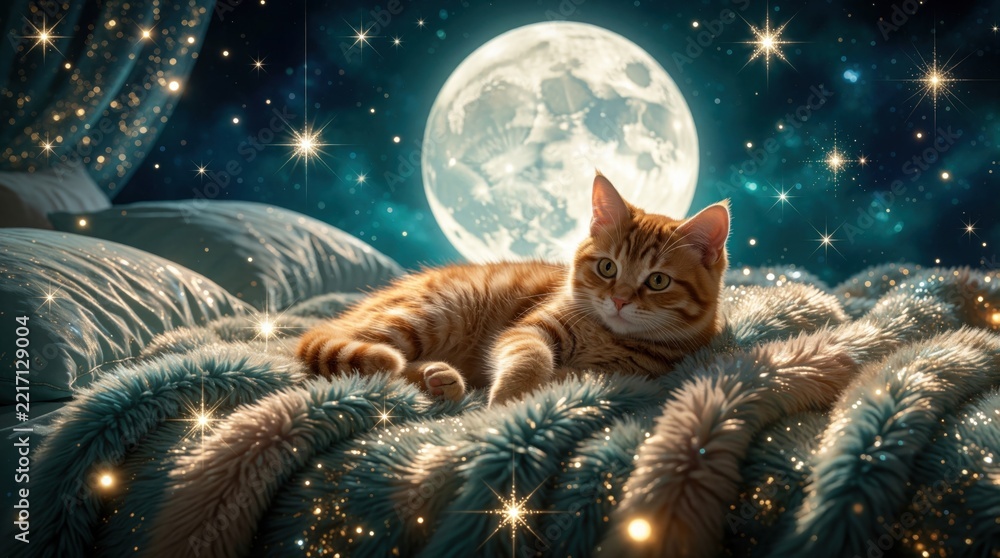 Fototapeta premium Cute ginger tabby cat lies on soft fuzzy blanket under bright full moon. Fluffy orange kitten rests in cozy bedroom at night. Magical starry sky, glowing sparkles create dreamy fantasy atmosphere