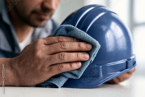 Worker hand cleaning and wiping blue safety hard hat with microfiber cloth