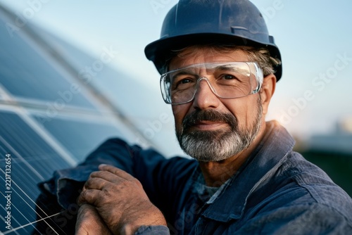 Experienced technician in hard hat and safety glasses beside solar panels